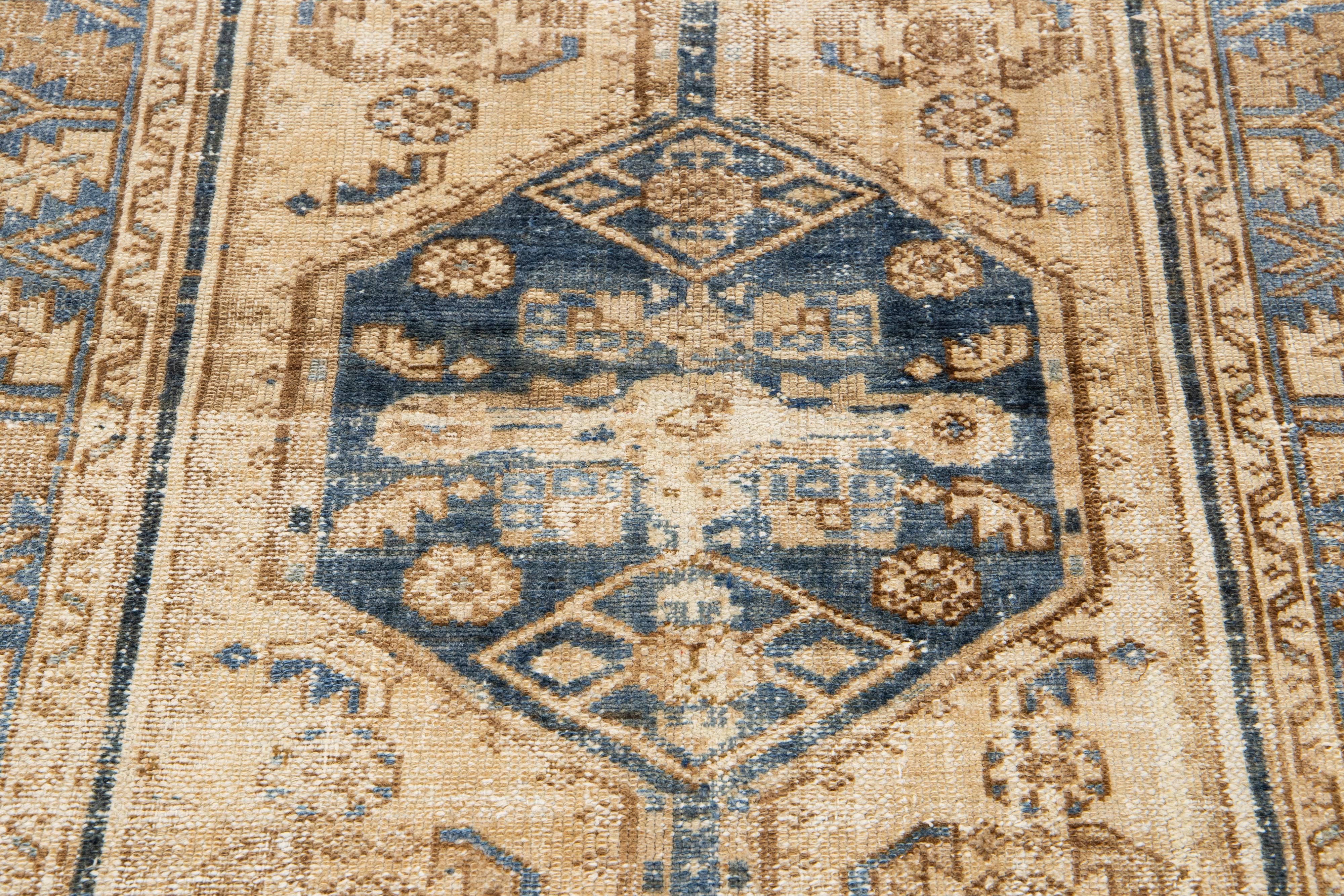 Antique Hamadan Tribal Wool Rug In Blue and Beige In Good Condition For Sale In Norwalk, CT