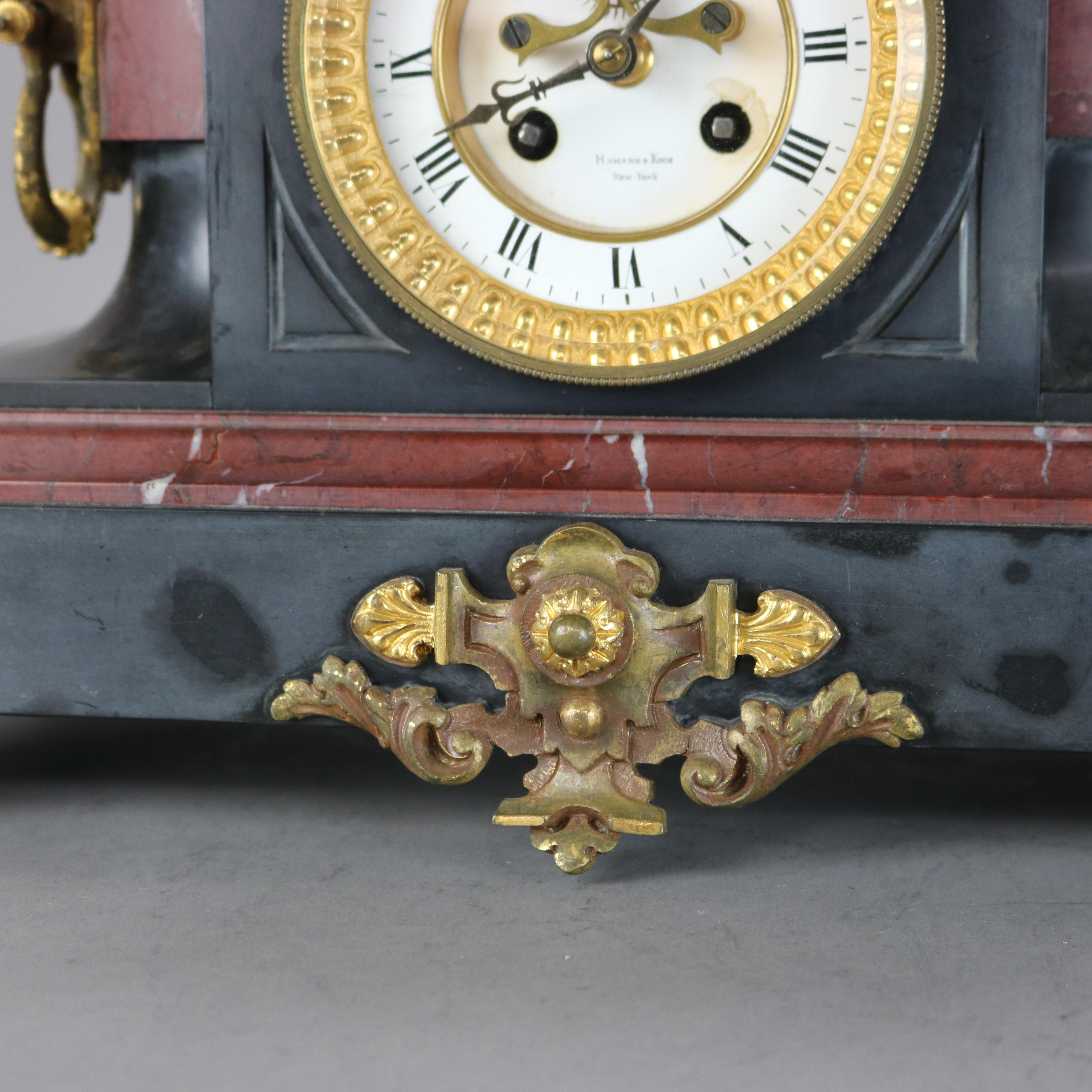 Antique Hamann & Koch Slate, Gilt Bronze & Rouge Marble Two-Piece Mantle Clock For Sale 7