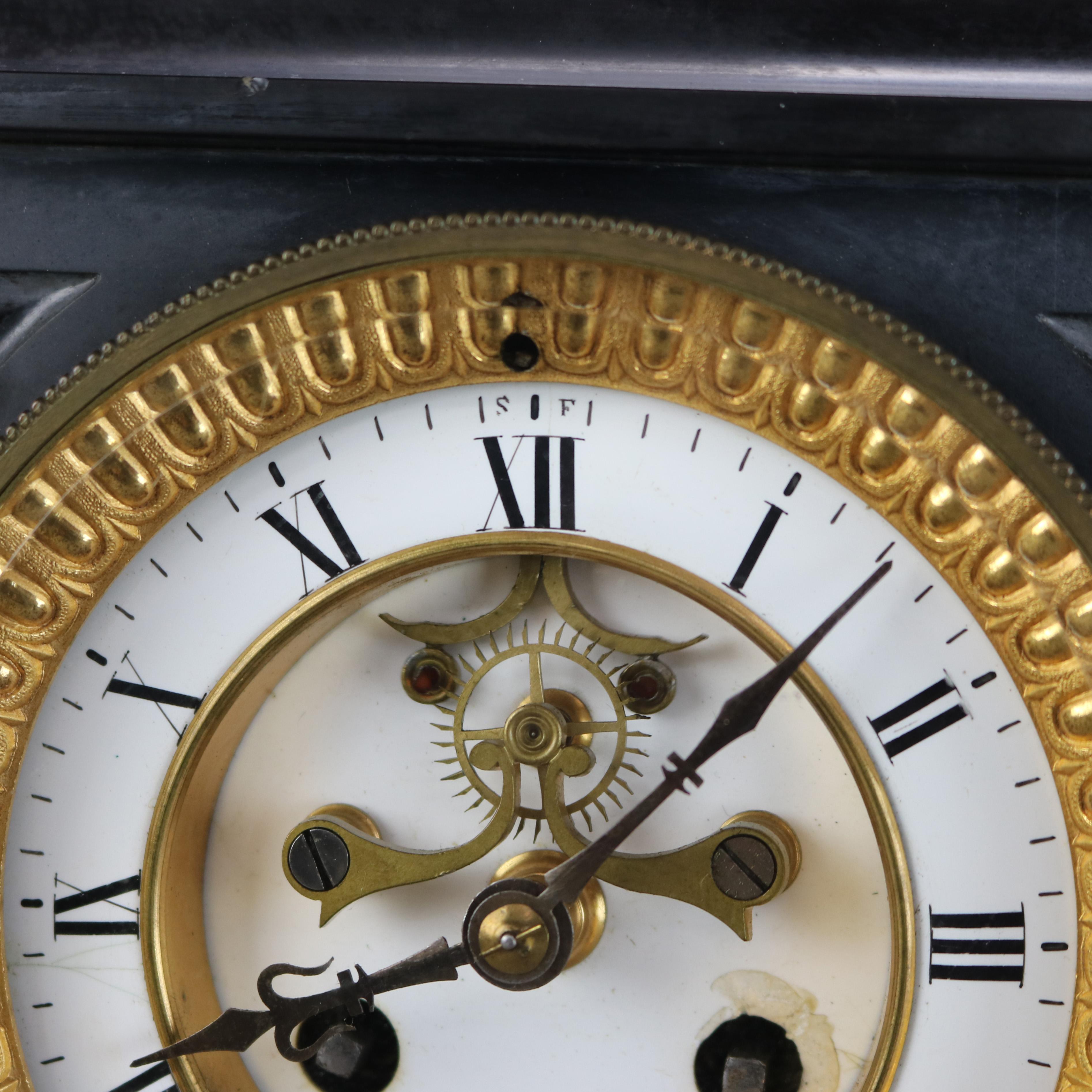 Antique Hamann & Koch Slate, Gilt Bronze & Rouge Marble Two-Piece Mantle Clock For Sale 8