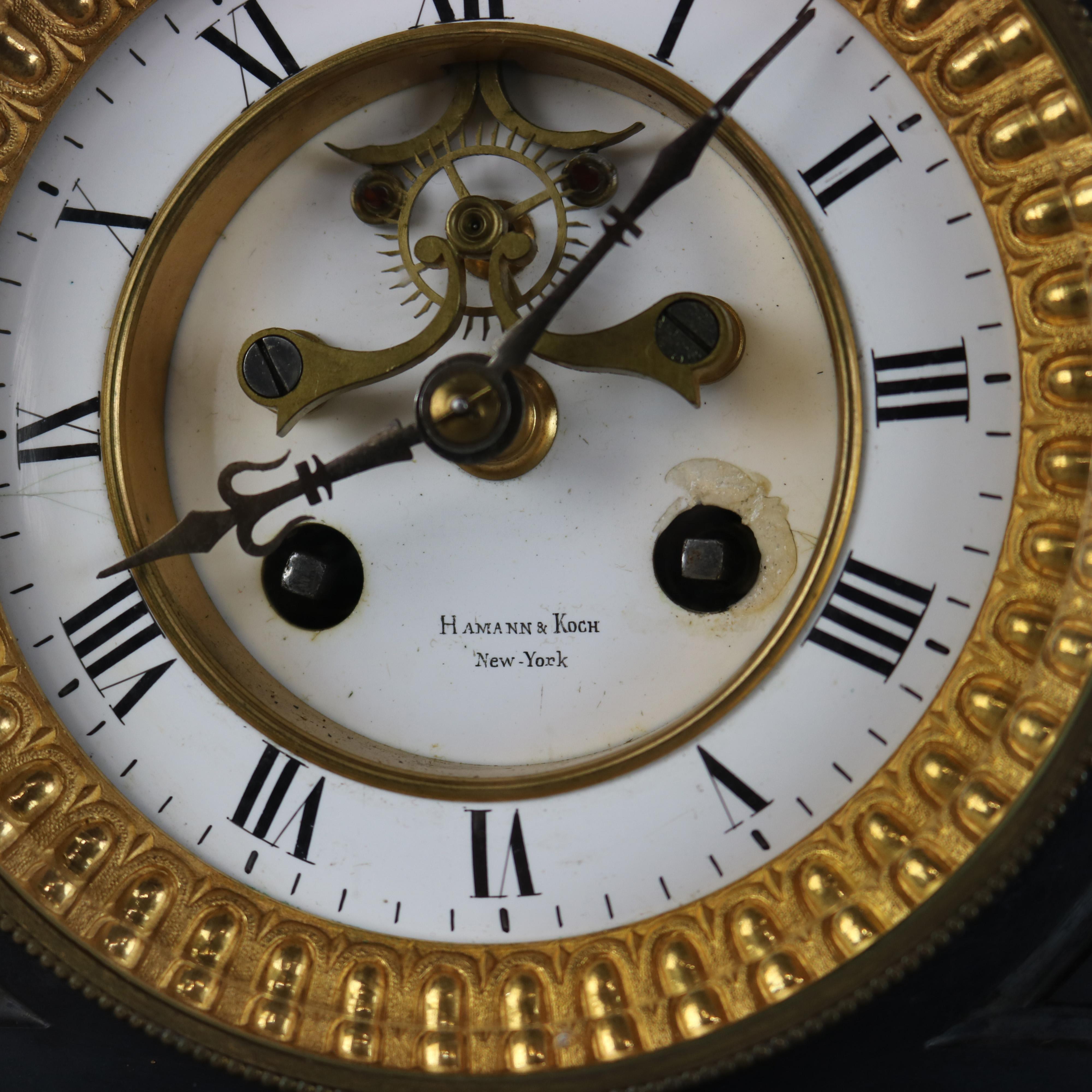 Antique Hamann & Koch Slate, Gilt Bronze & Rouge Marble Two-Piece Mantle Clock For Sale 9