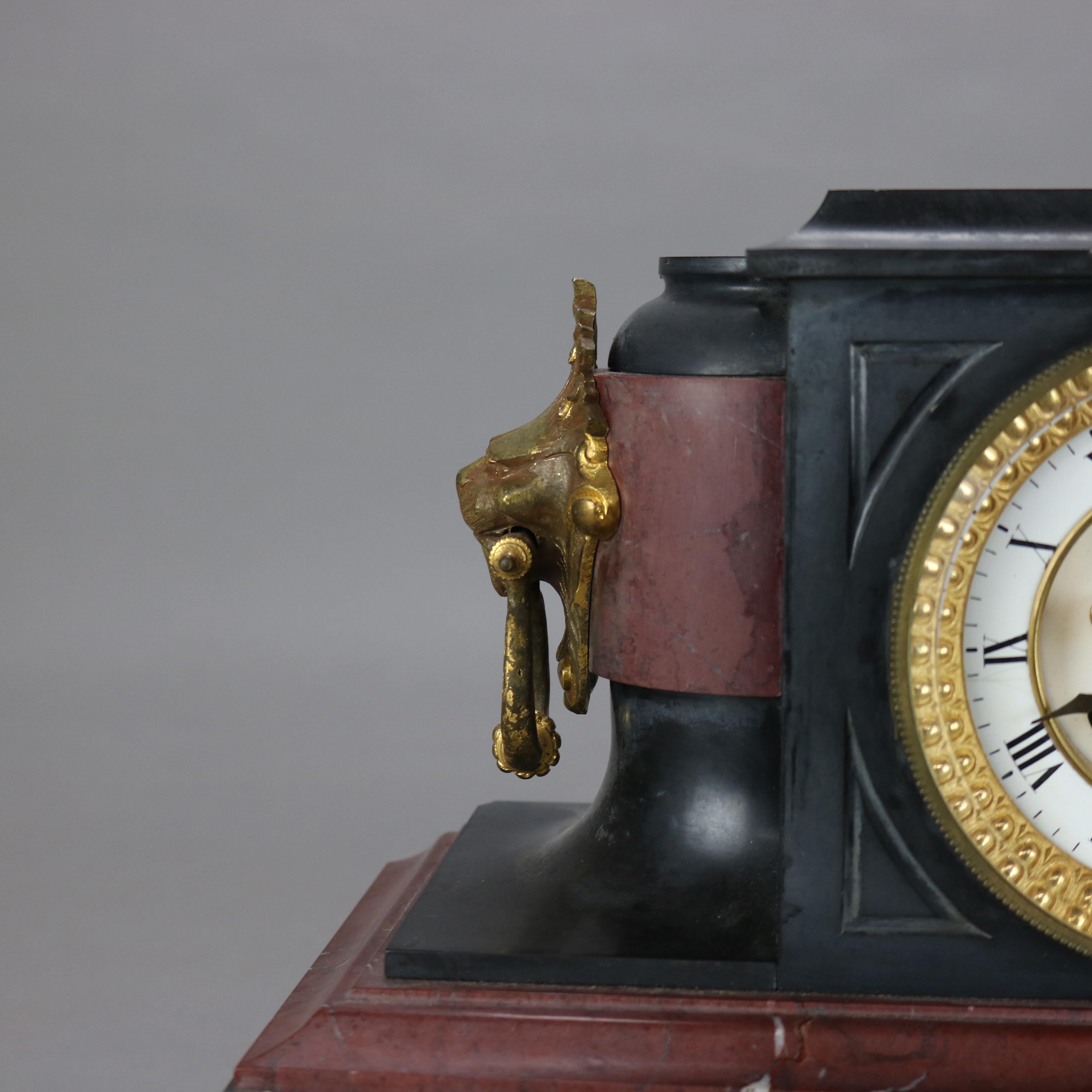 Antique Hamann & Koch Slate, Gilt Bronze & Rouge Marble Two-Piece Mantle Clock For Sale 11
