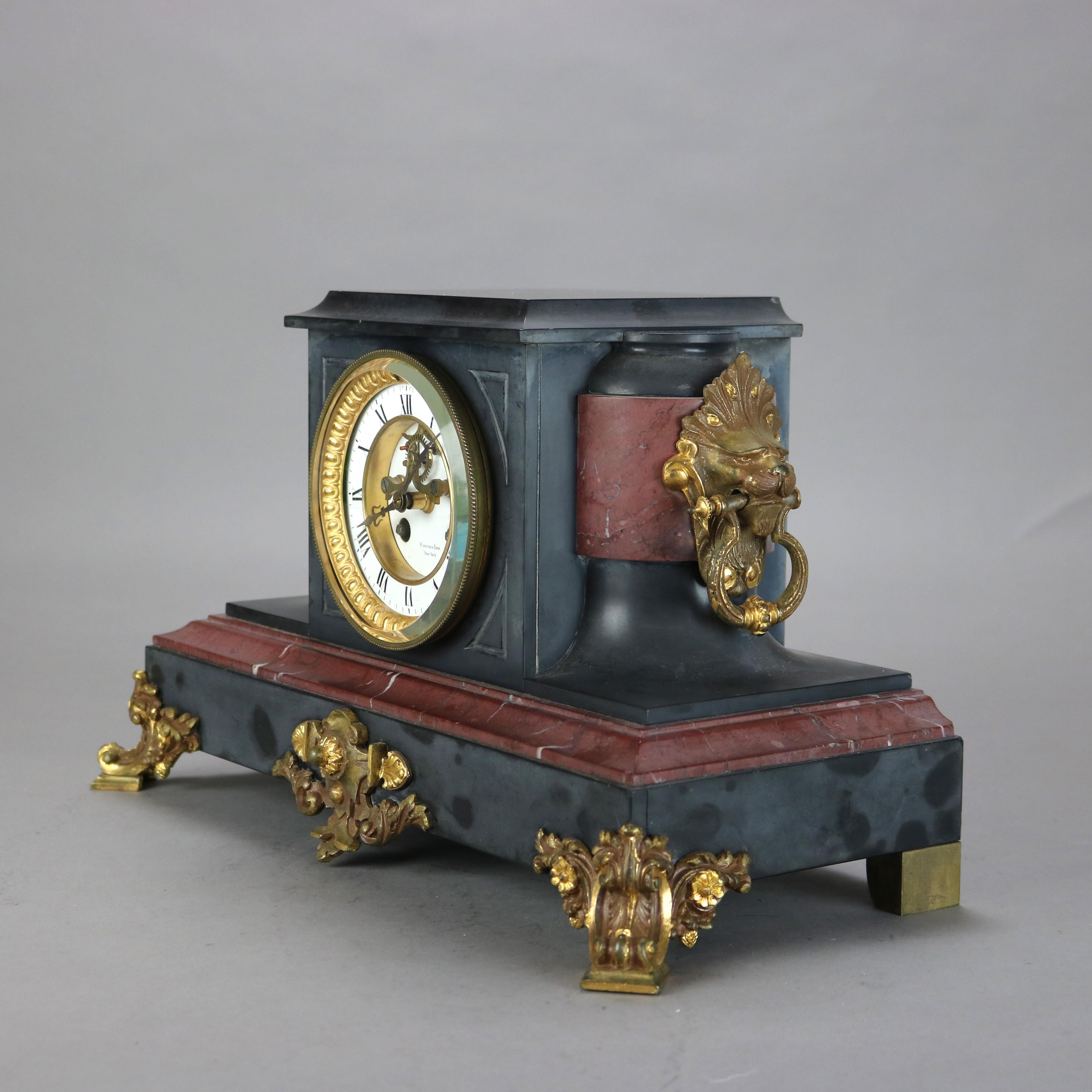Antique Hamann & Koch Slate, Gilt Bronze & Rouge Marble Two-Piece Mantle Clock For Sale 12