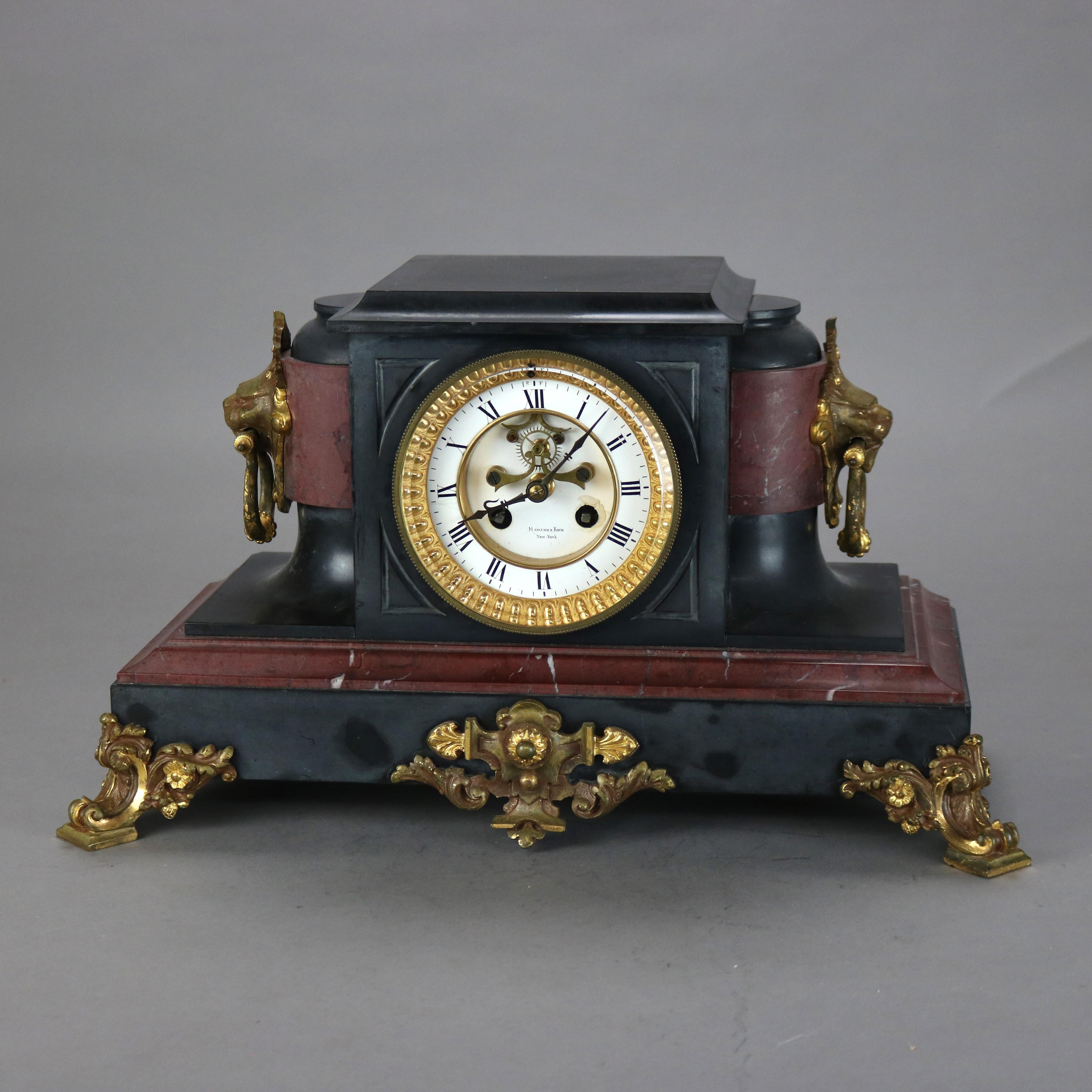 Antique Hamann & Koch Slate, Gilt Bronze & Rouge Marble Two-Piece Mantle Clock For Sale 5