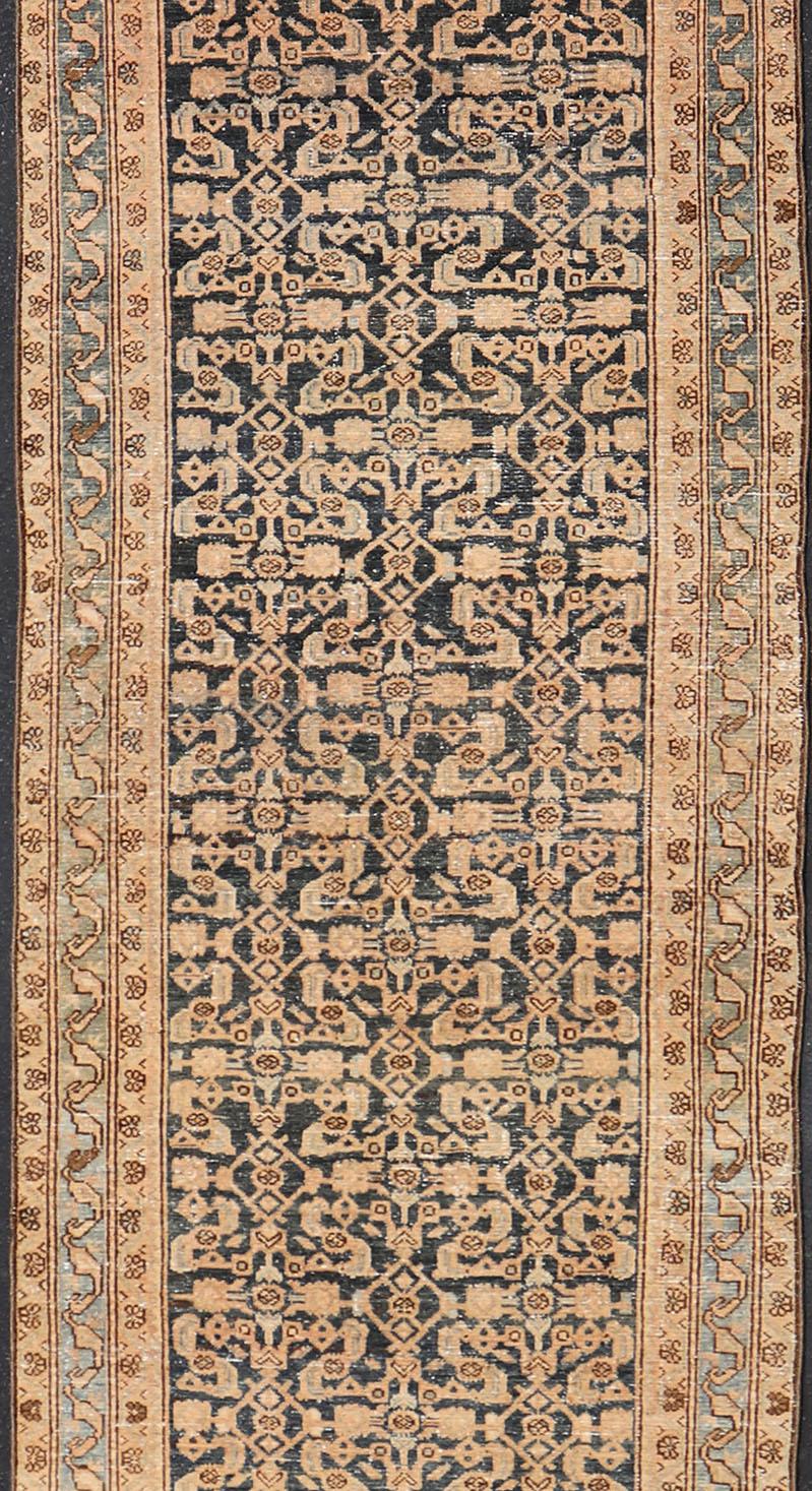 Malayer Antique Hamedan Gallery Runner with Herati Design in Dark Gray & Charcoal For Sale