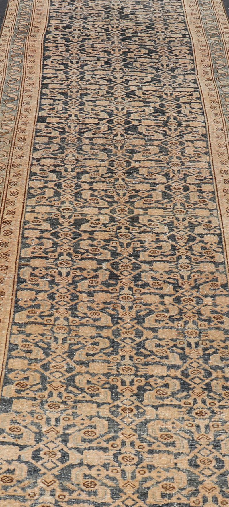 Hand-Knotted Antique Hamedan Gallery Runner with Herati Design in Dark Gray & Charcoal For Sale