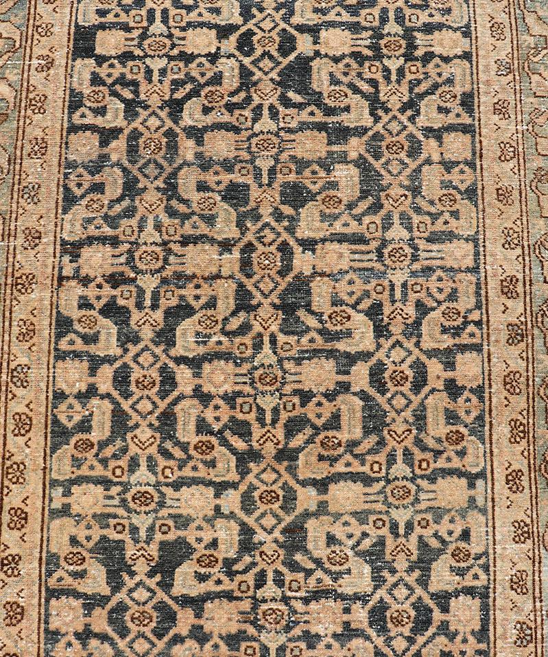 Early 20th Century Antique Hamedan Gallery Runner with Herati Design in Dark Gray & Charcoal For Sale