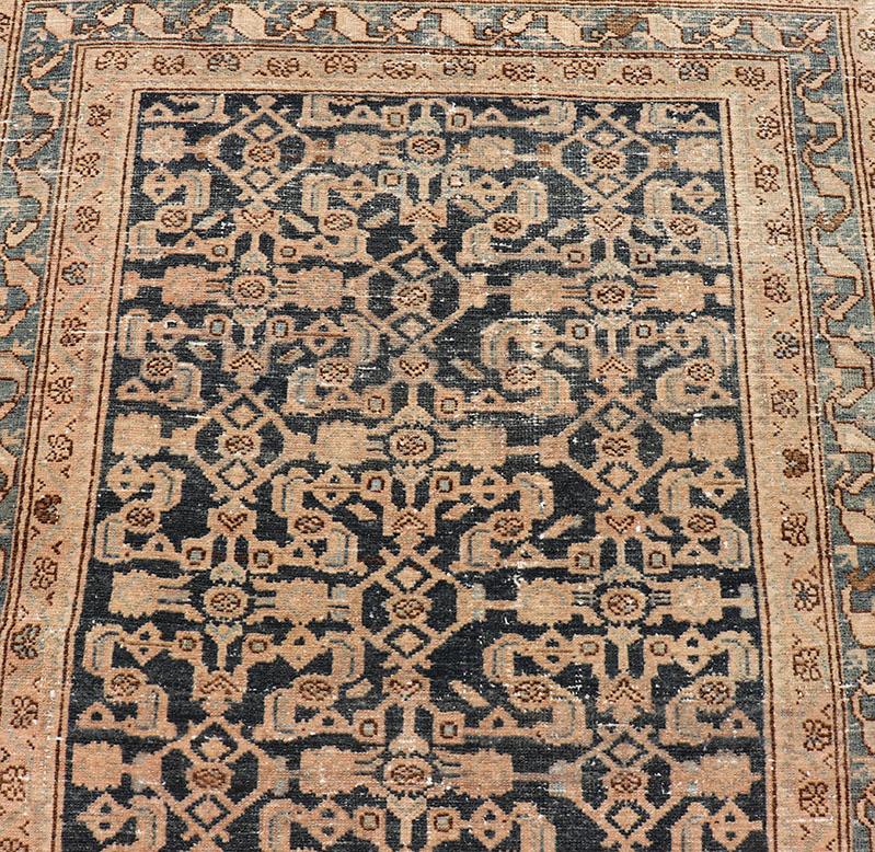Wool Antique Hamedan Gallery Runner with Herati Design in Dark Gray & Charcoal For Sale