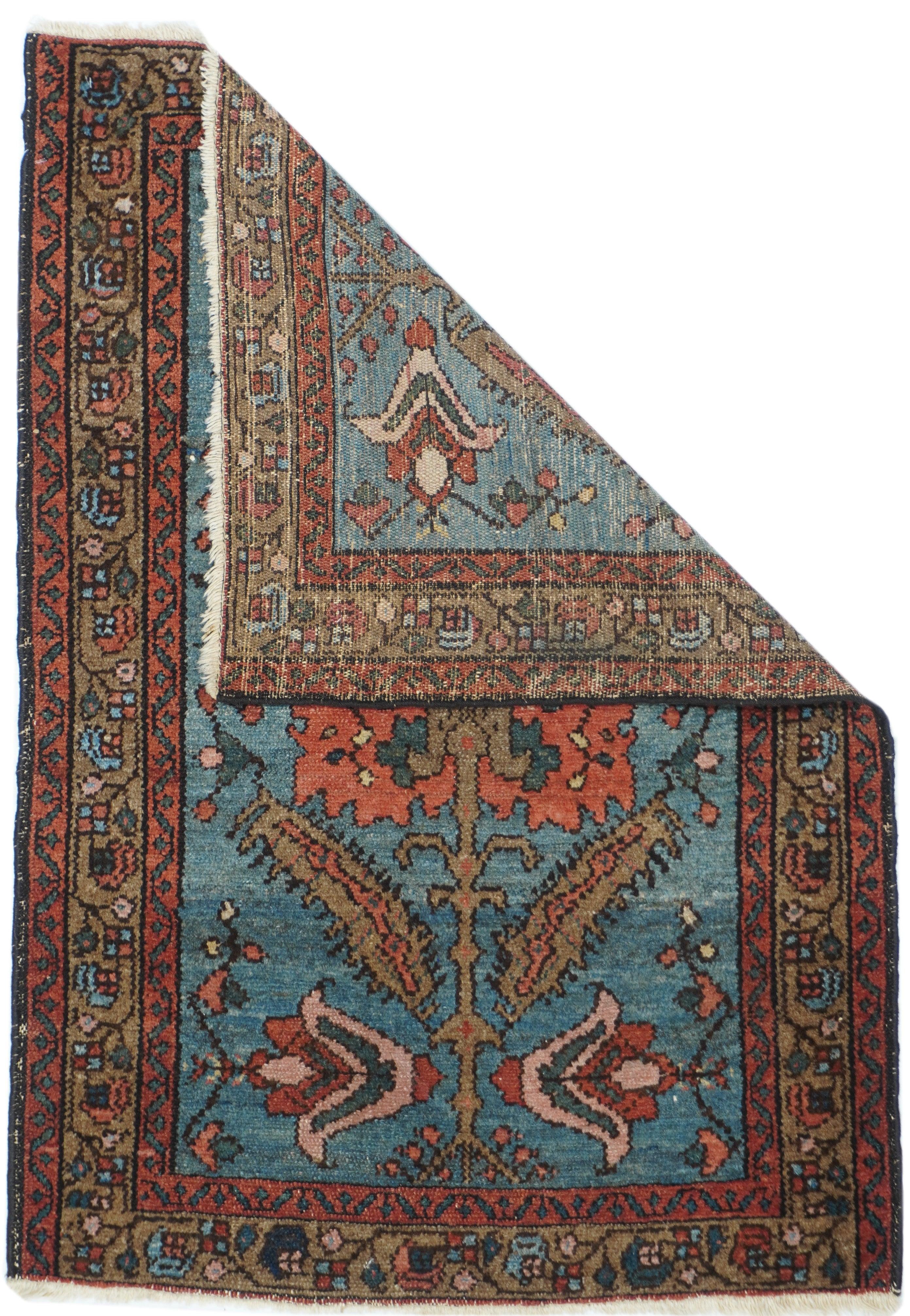 Antique Hamedan rug, measures : 2'5'' x 3'7''. This is a rare teal rustic Lilihan with a large salmon central ragged palmette enclosing a smaller petal palmette, with four lazy ivory petal corner flowers. Rose main border with profile rosettes,