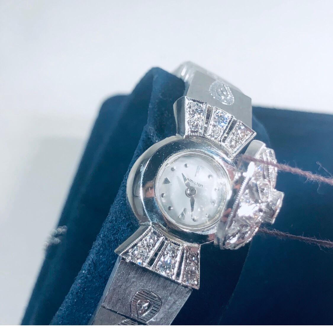Women's or Men's Antique Hamilton 14 Karat White Gold and Diamond Watch, circa 1950
