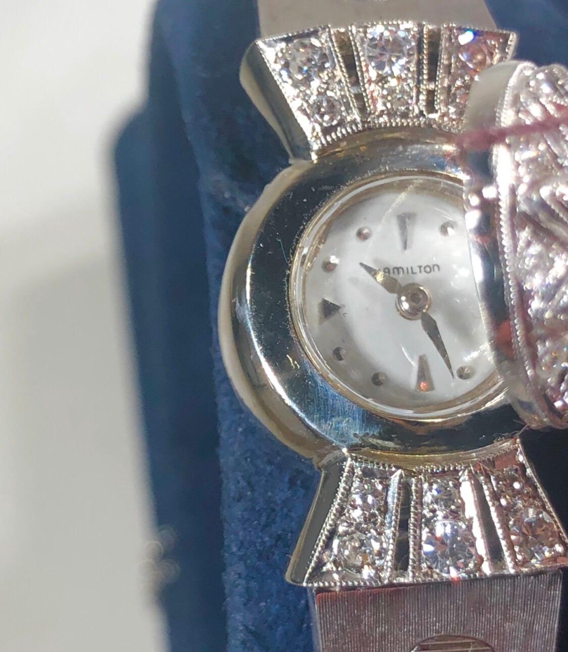 Antique Hamilton 14 Karat White Gold and Diamond Watch, circa 1950 3