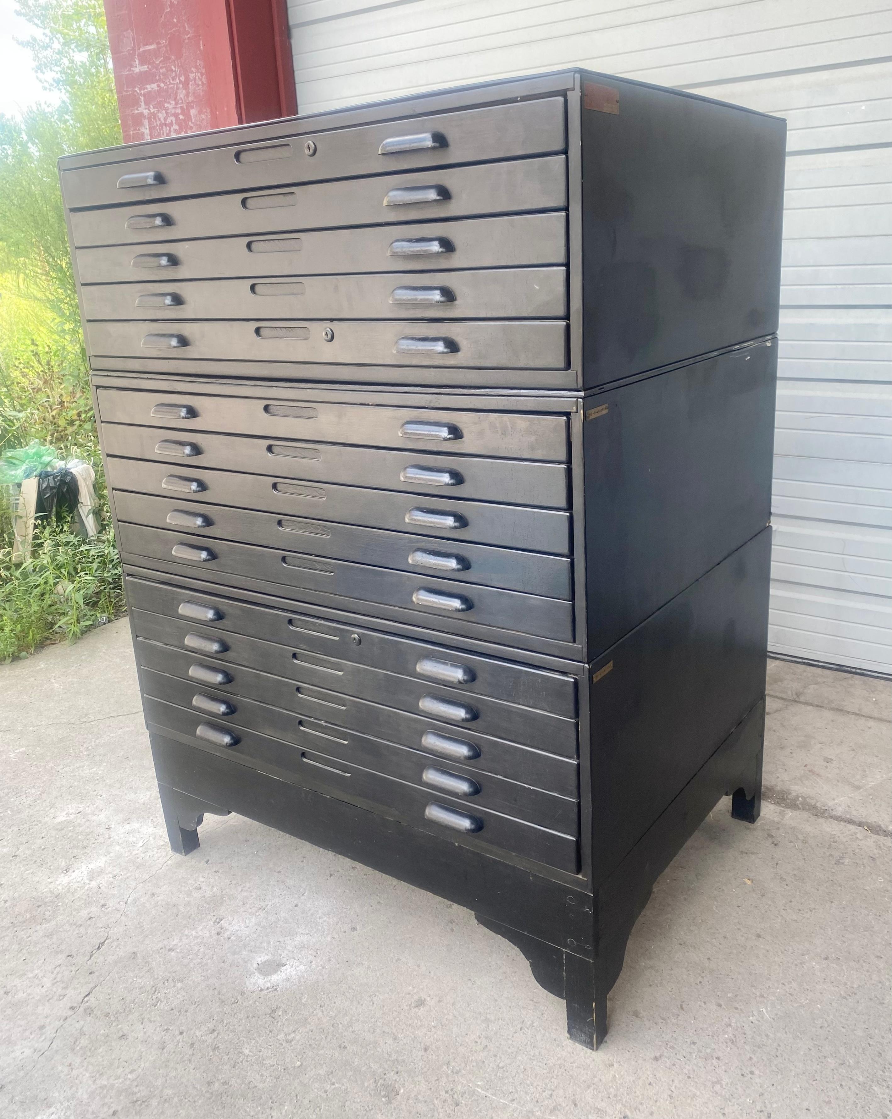 Antique Hamilton 15 drawer Stacking Flat File..Wonderful architectural design..3 separate sections and a base.painted black,, Fit seamlessly into any environment,, Hand delivery avail to NYC or anywhere en route from Buffalo NY