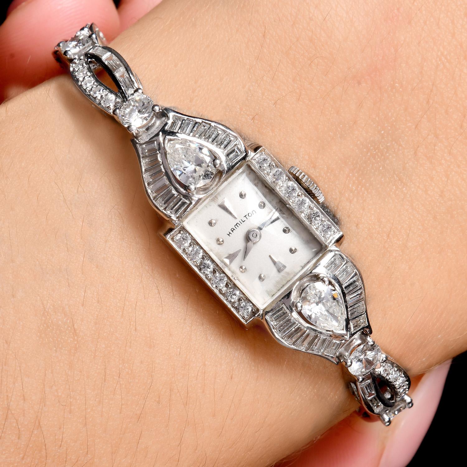 Antico orologio da cocktail da donna Hamilton 4.80cts Diamond Platinum In condizioni ottime in vendita a Miami, FL