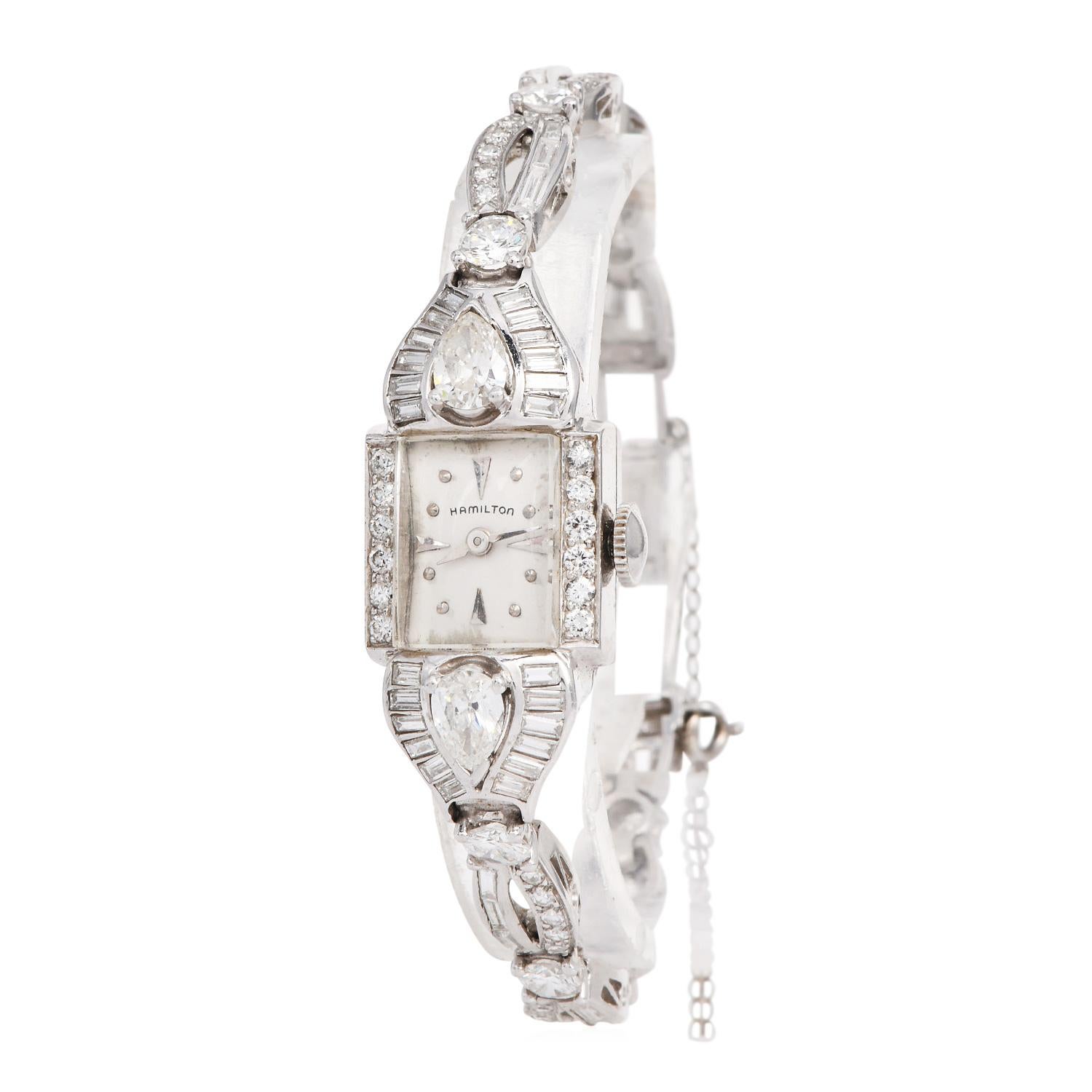 Antico orologio da cocktail da donna Hamilton 4.80cts Diamond Platinum in vendita 1