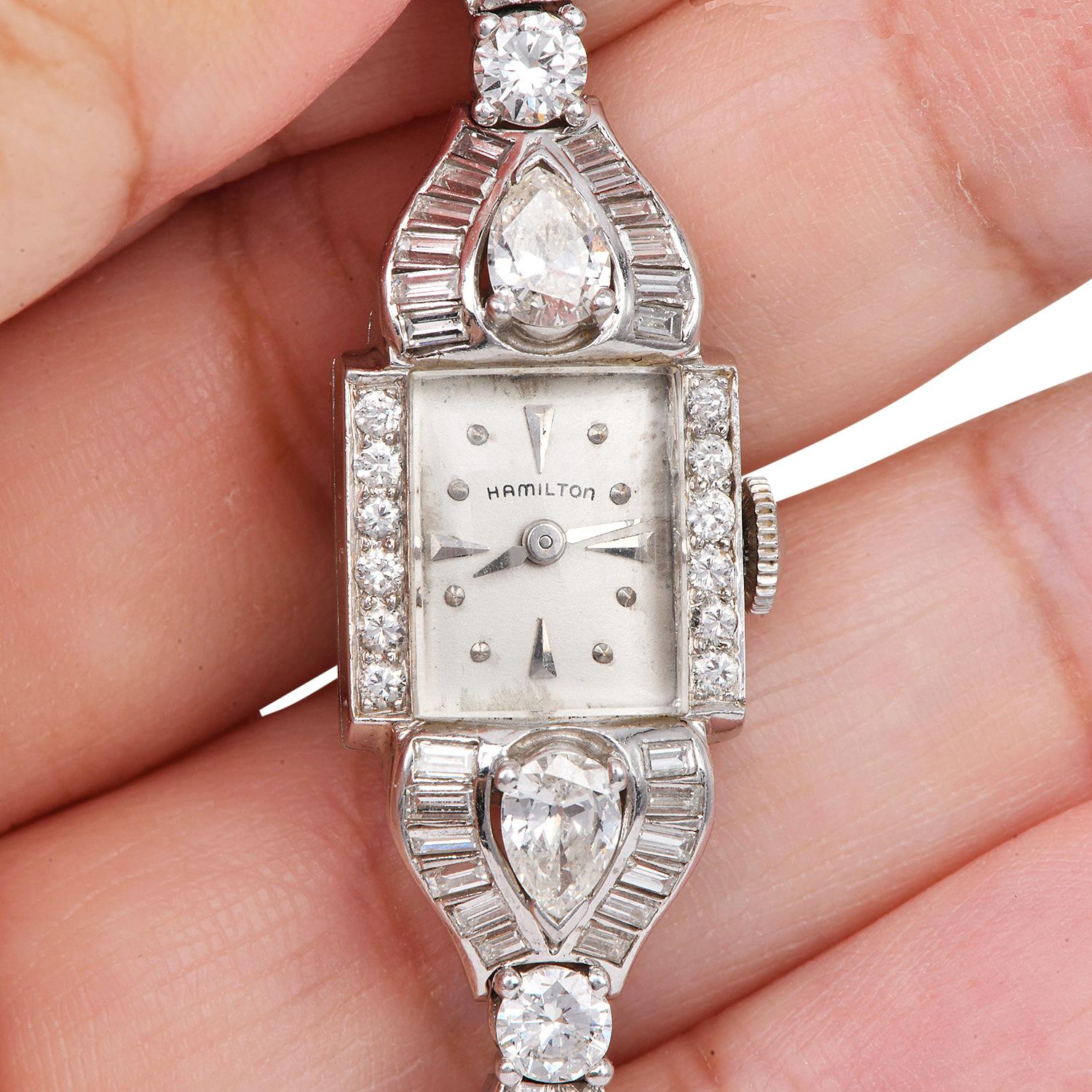 Antico orologio da cocktail da donna Hamilton 4.80cts Diamond Platinum in vendita 3
