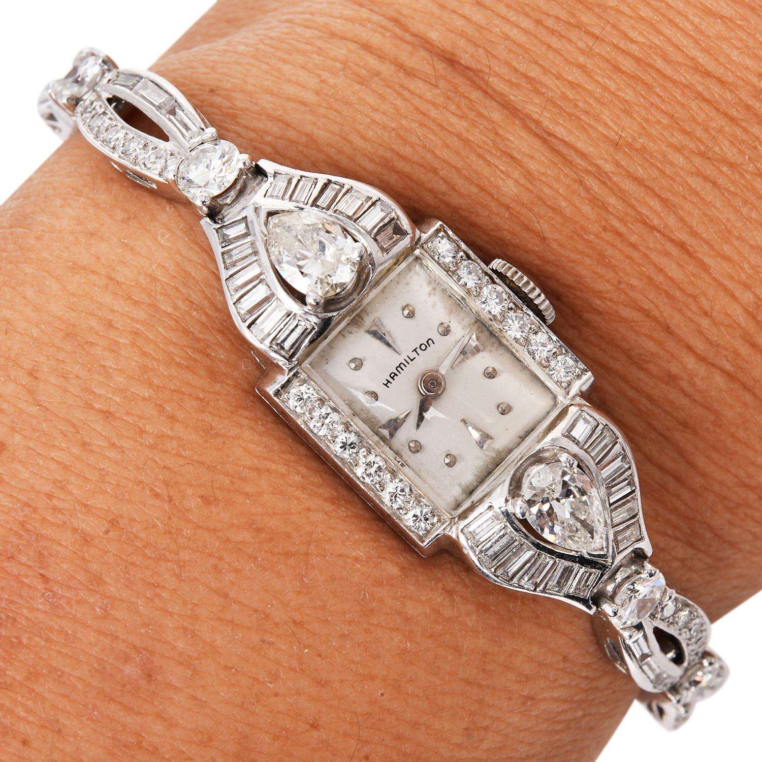 Antico orologio da cocktail da donna Hamilton 4.80cts Diamond Platinum in vendita 4
