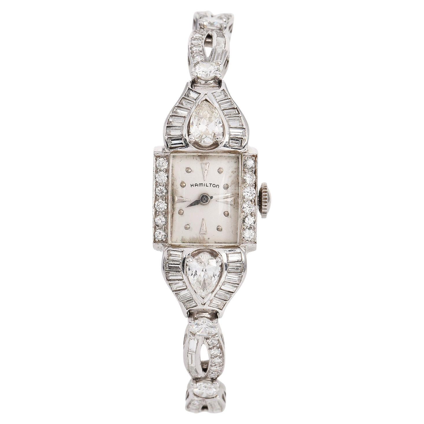 Montre de cocktail ancienne Hamilton 4.80cts Diamond Platinum Ladies Cocktail Watch