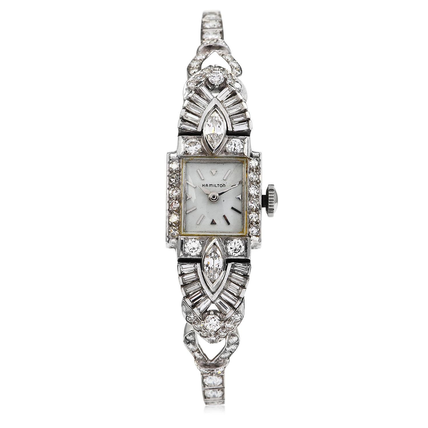Antike Hamilton Diamant Platin Damen Cocktail Uhr (Marquiseschliff) im Angebot