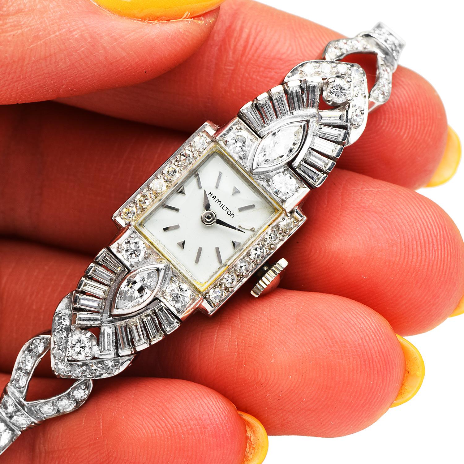 Taille Marquise Hamilton, montre cocktail ancienne pour femmes en platine et diamants en vente