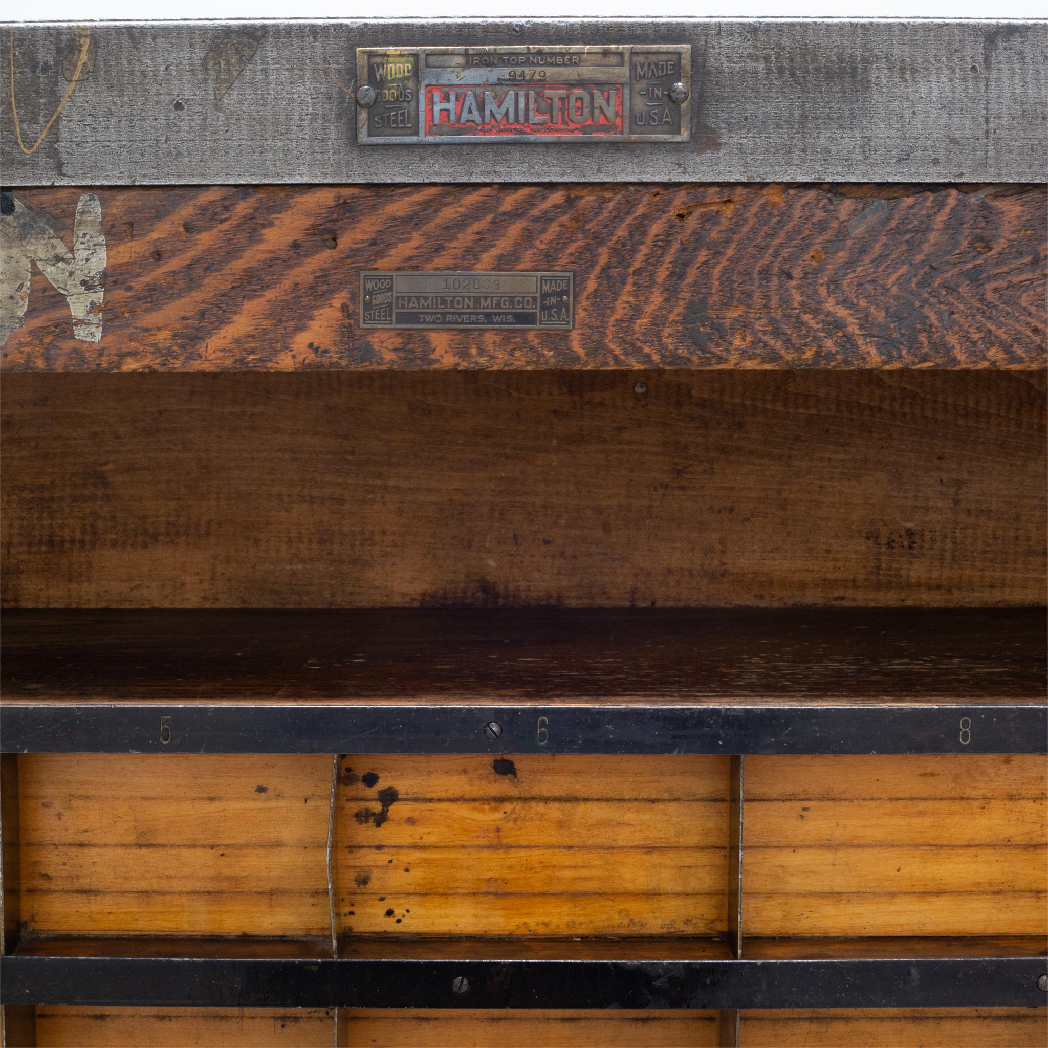 Antique Hamilton Industrial Wood and Iron Printer's Typeset Workbench circa 1920 10