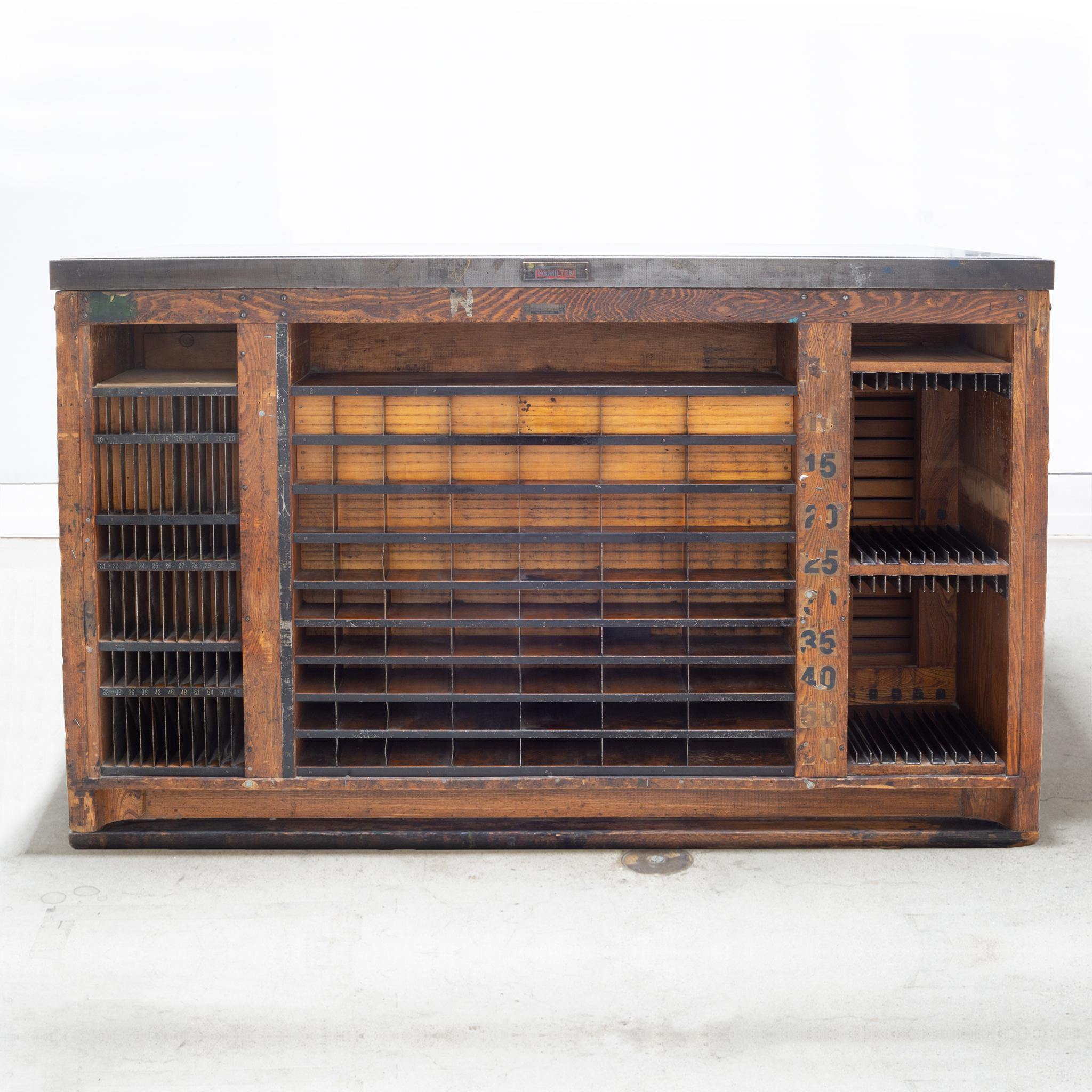 Antique Hamilton Industrial Wood and Iron Printer's Typeset Workbench circa 1920 In Good Condition In San Francisco, CA