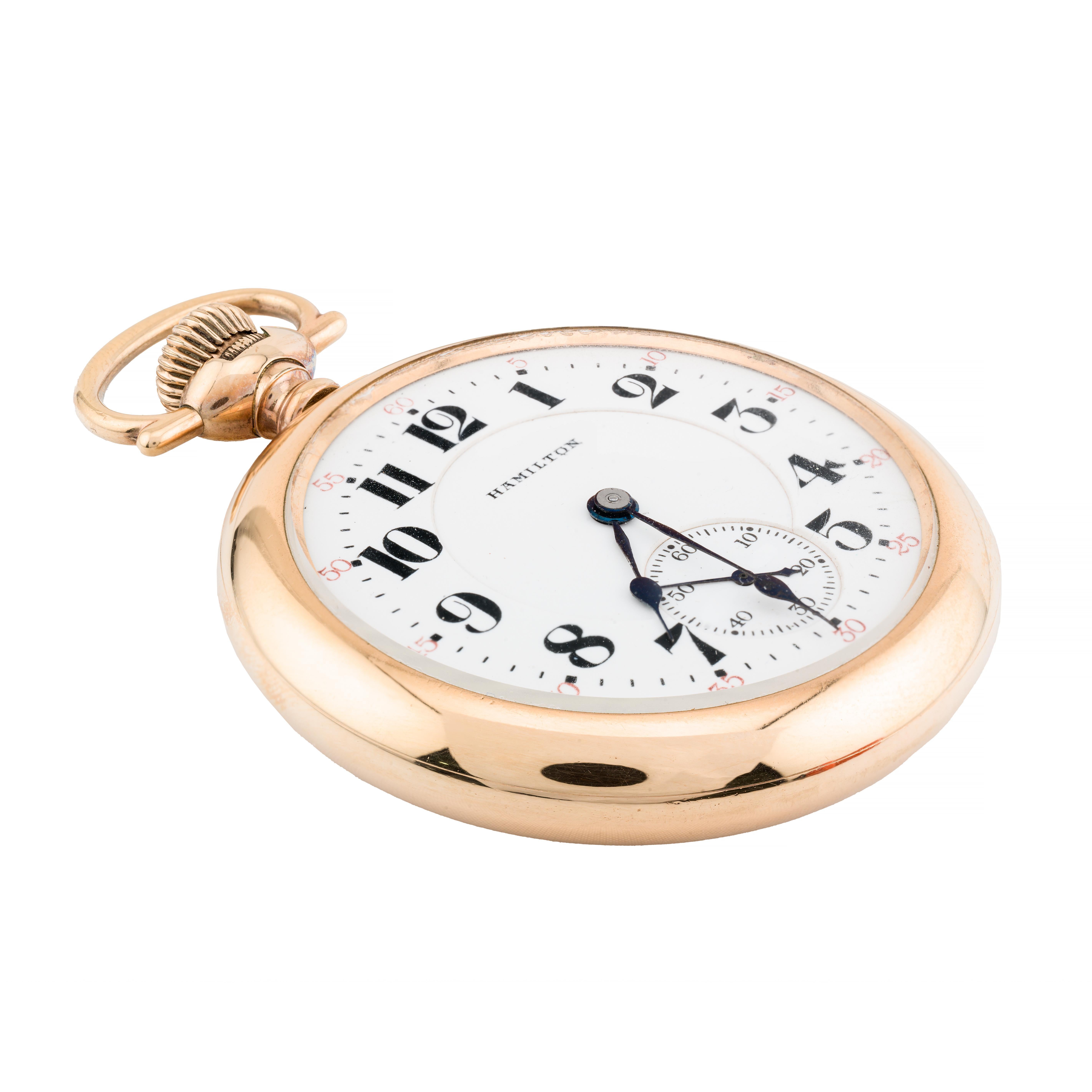 Aston Estate Jewelry Presents:

A distinguished Hamilton pocket watch from 1900, crafted in the United States. This timepiece exemplifies Hamilton's commitment to precision and craftsmanship.

The watch features a round face, encased in gold-filled