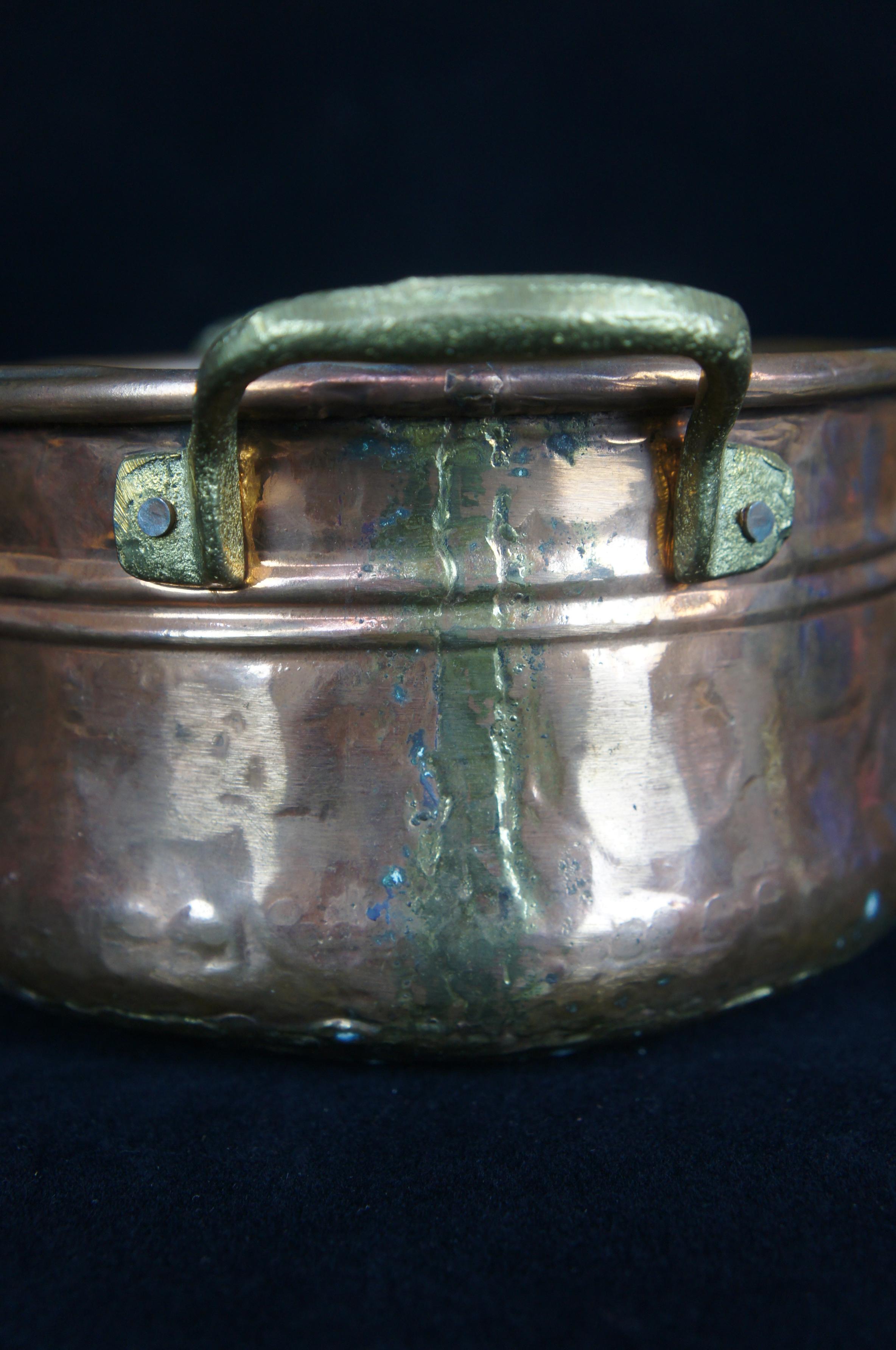 19th Century Antique Hammered Copper Brass Dovetailed Cauldron Boiler Stock Pot For Sale