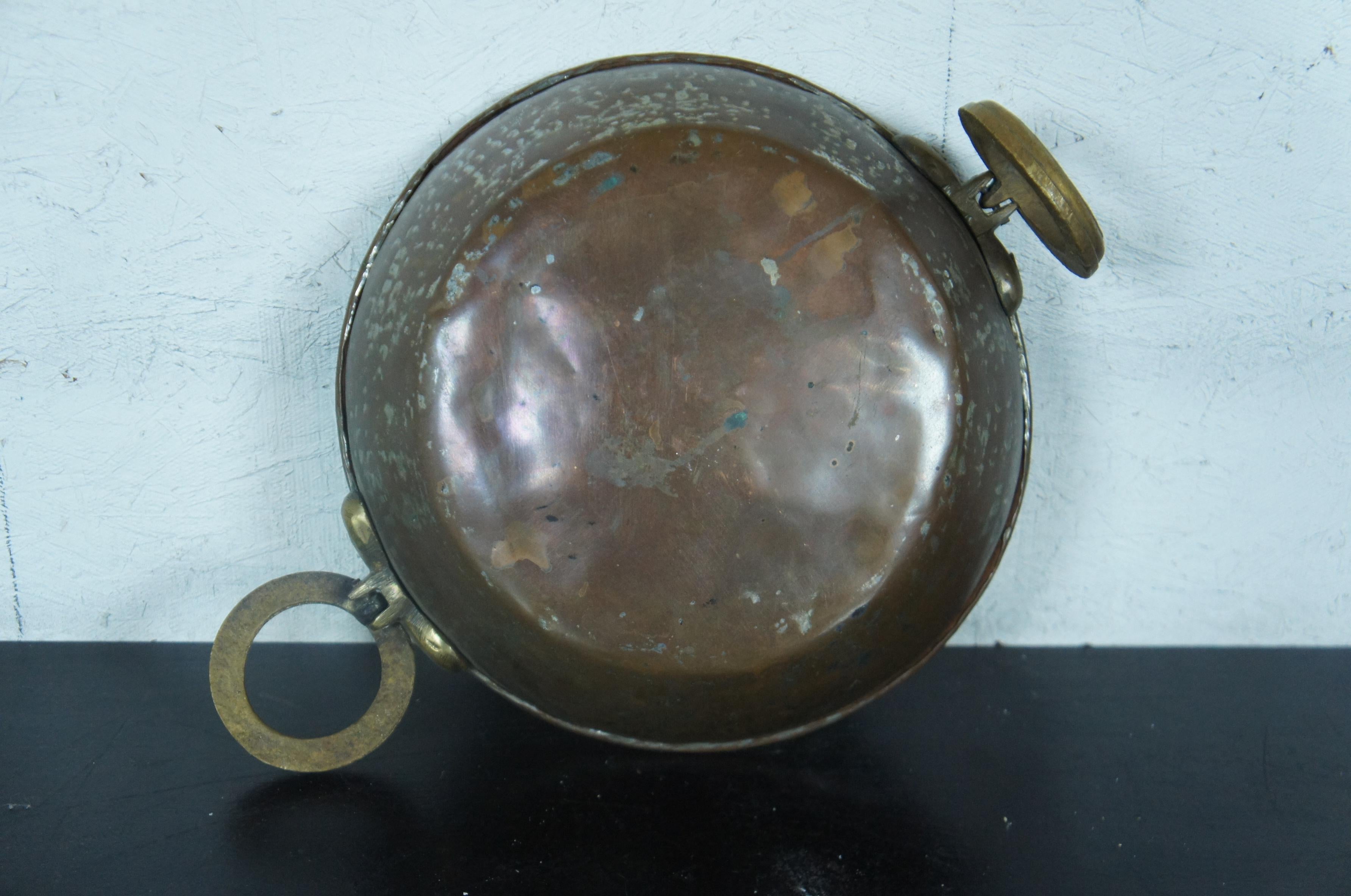 Antique Hammered Copper Candy Kettle Apple Butter Pan Brass Handles Cauldron 11” 2
