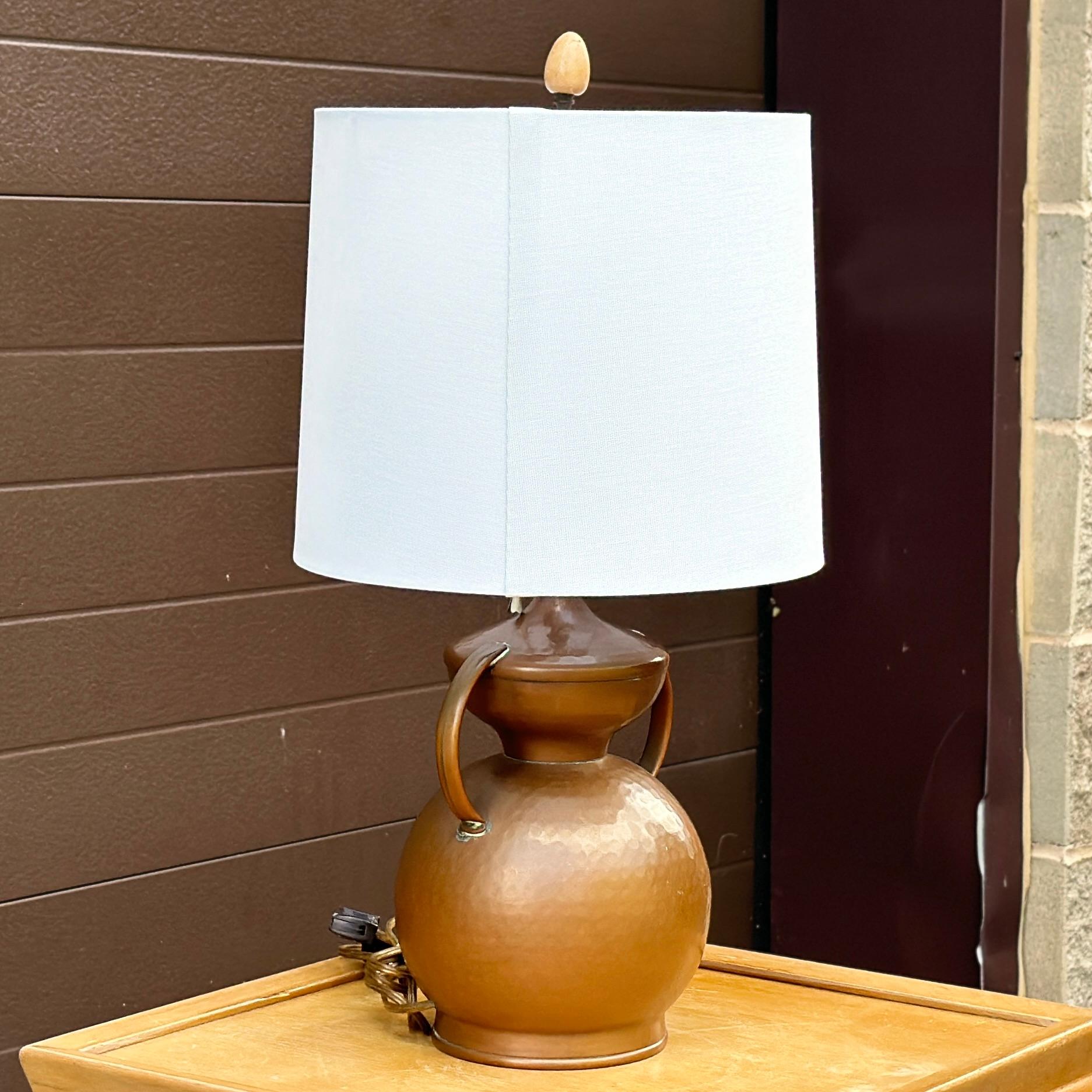 Arts and Crafts Antique Hammered Copper Urn Double Socket Table Lamp For Sale