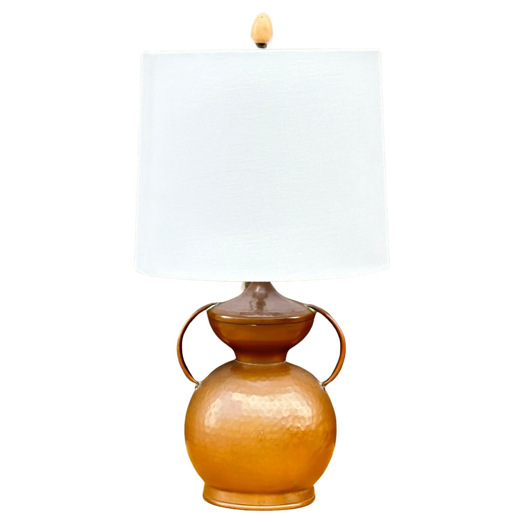 Antique Hammered Copper Urn Double Socket Table Lamp For Sale