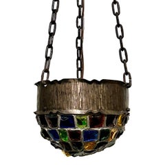Antique Hammered Metal and Color Glass Pendant