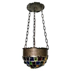 Antique Hammered Metal and Color Glass Pendant