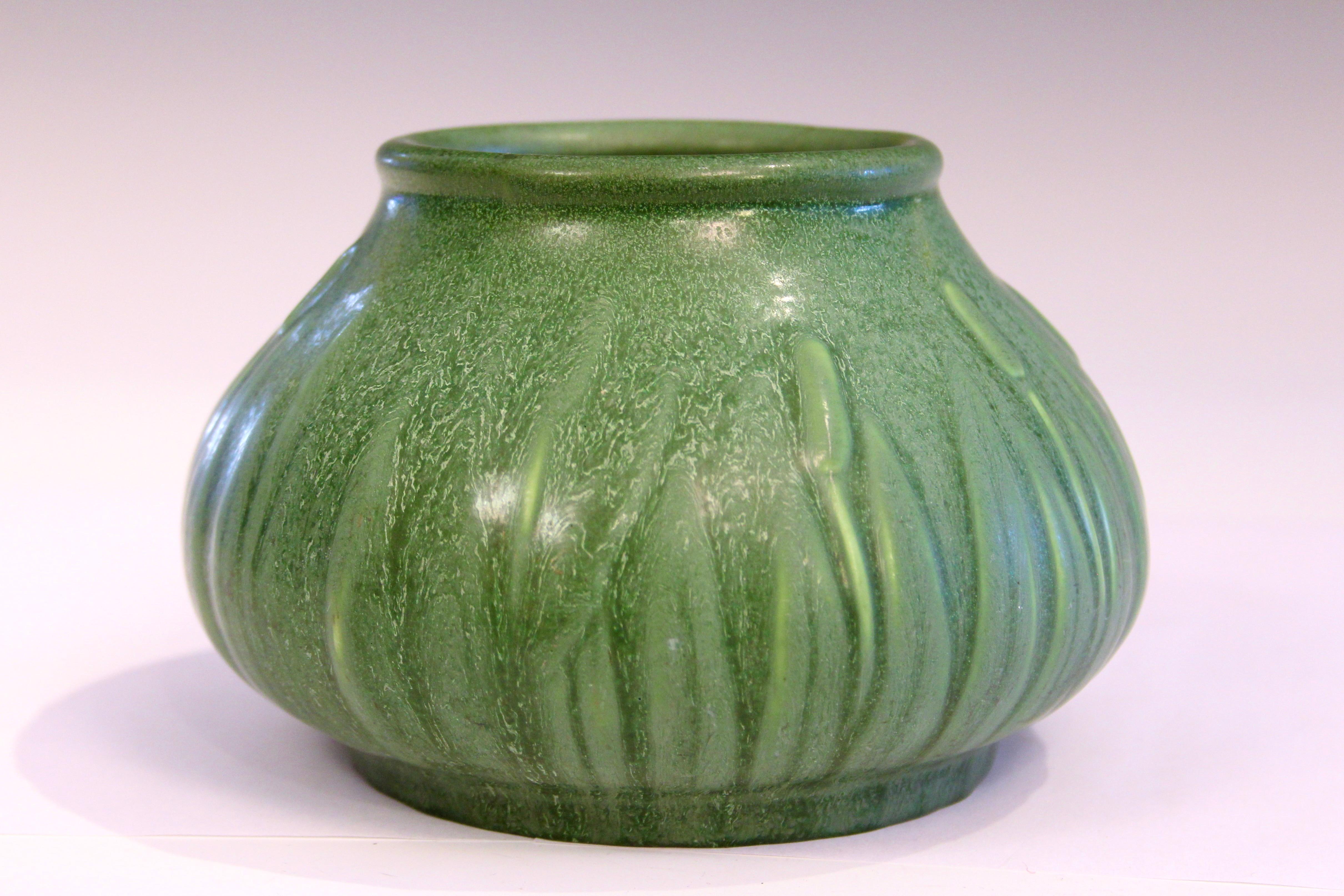 Molded Antique Hampshire Pottery Matt Green Sweet Arts & Crafts Cattail Vase For Sale