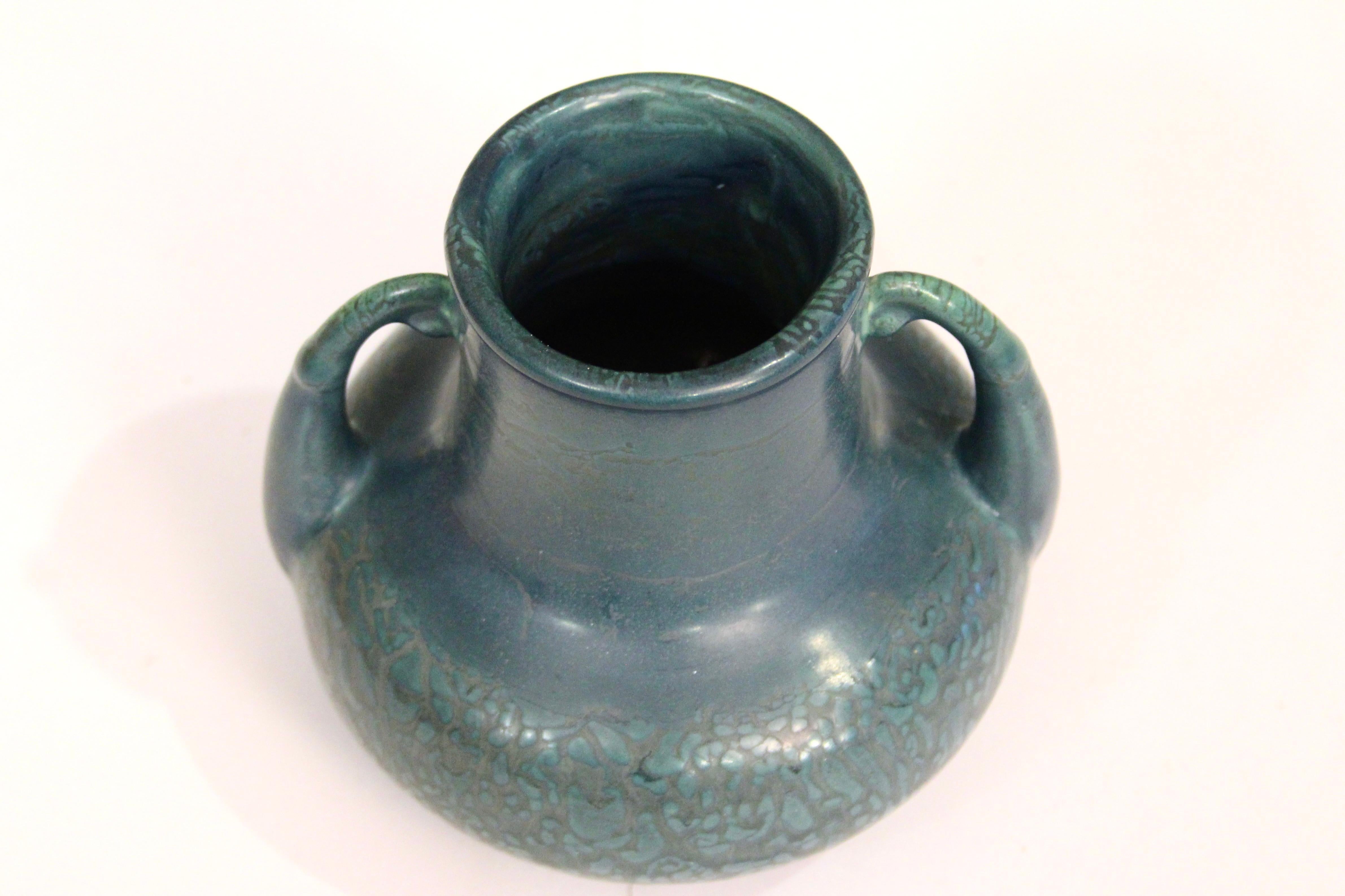 Arts and Crafts Antique Hampshire Pottery Matt Peacock Blue Arts & Crafts Vase For Sale