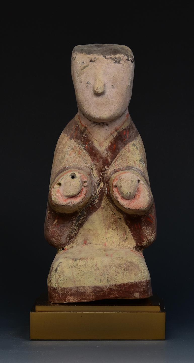 Hand-Carved Antique Han Dynasty Chinese Painted Pottery Kneeling Court Attendant