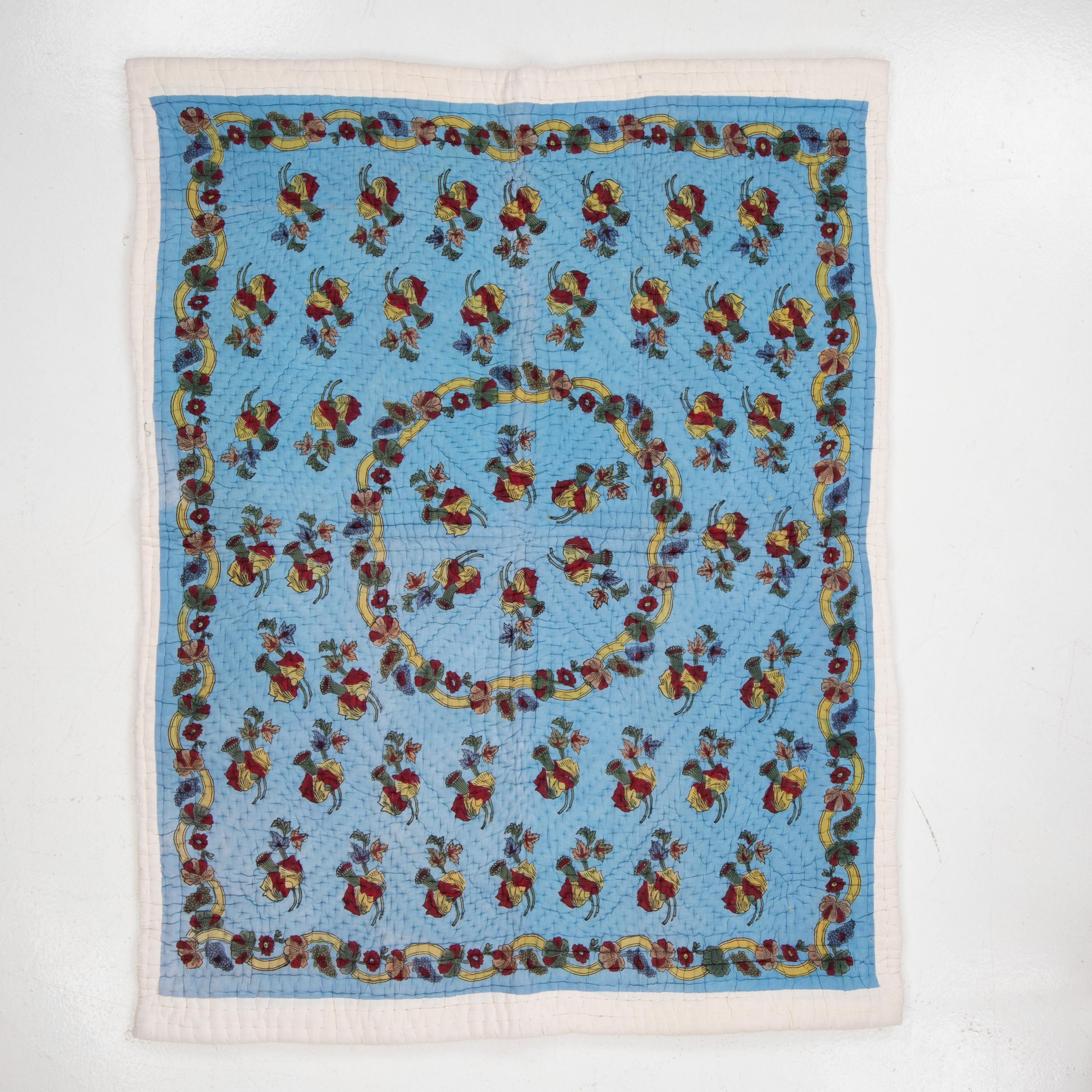 Cotton Antique Hand Block Printed and Painted Quilt from Anatolia, Turkey For Sale
