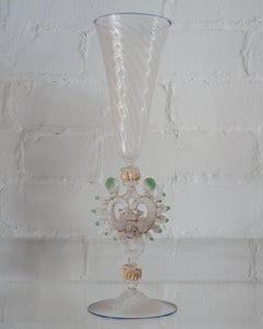 Antique Hand Blown Clear and Green Murano Glass Flute with Gilded Detail