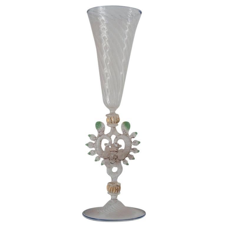 Antique Hand Blown Clear and Green Murano Glass Flute with Gilded Detail
