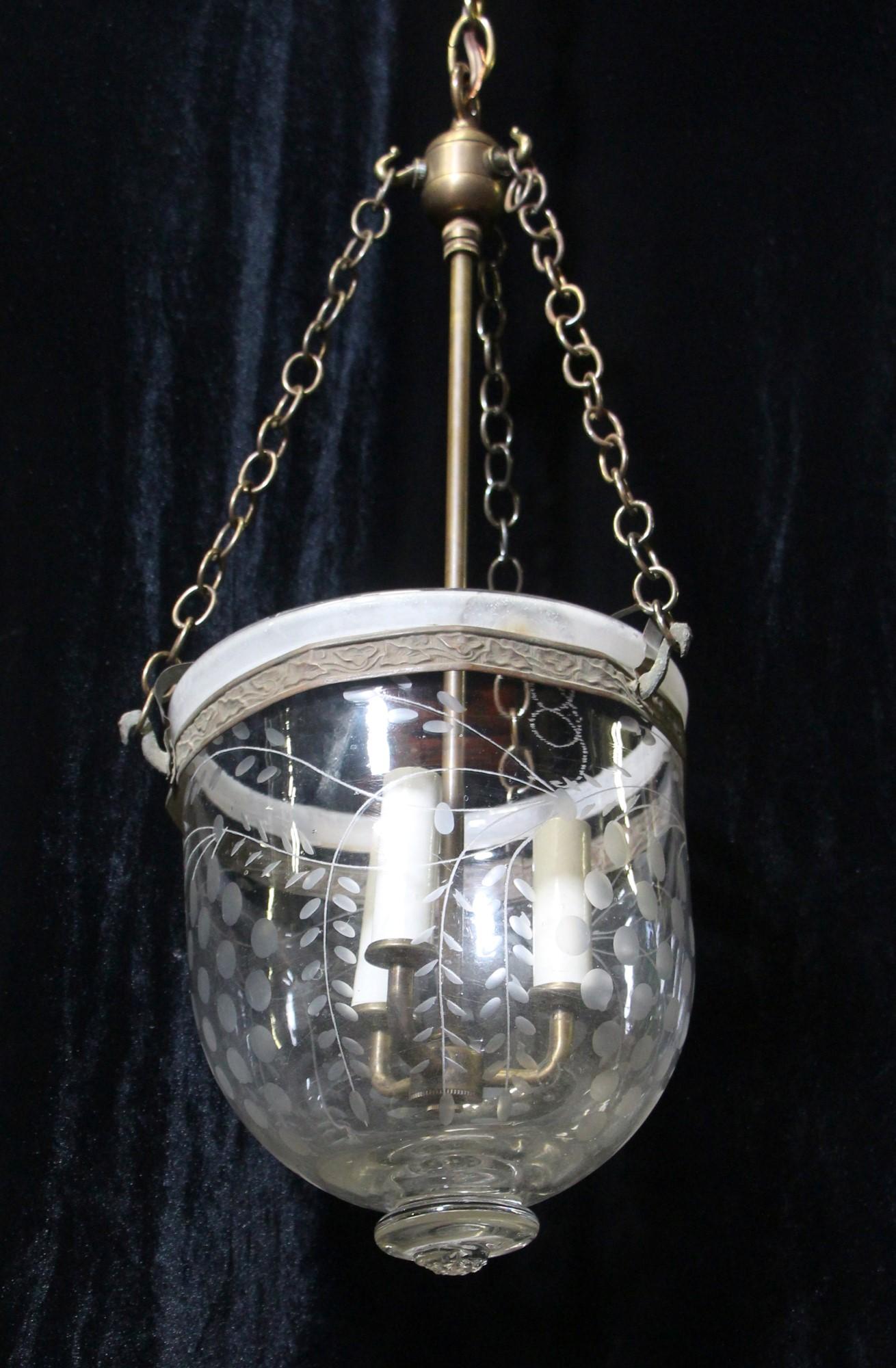 Antique Hand Blown Clear Glass Bell Jar Light w Etched Design For Sale
