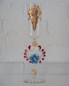 Antique Hand Blown Clear, Red and Blue Murano Glass Flute with Gilded Details