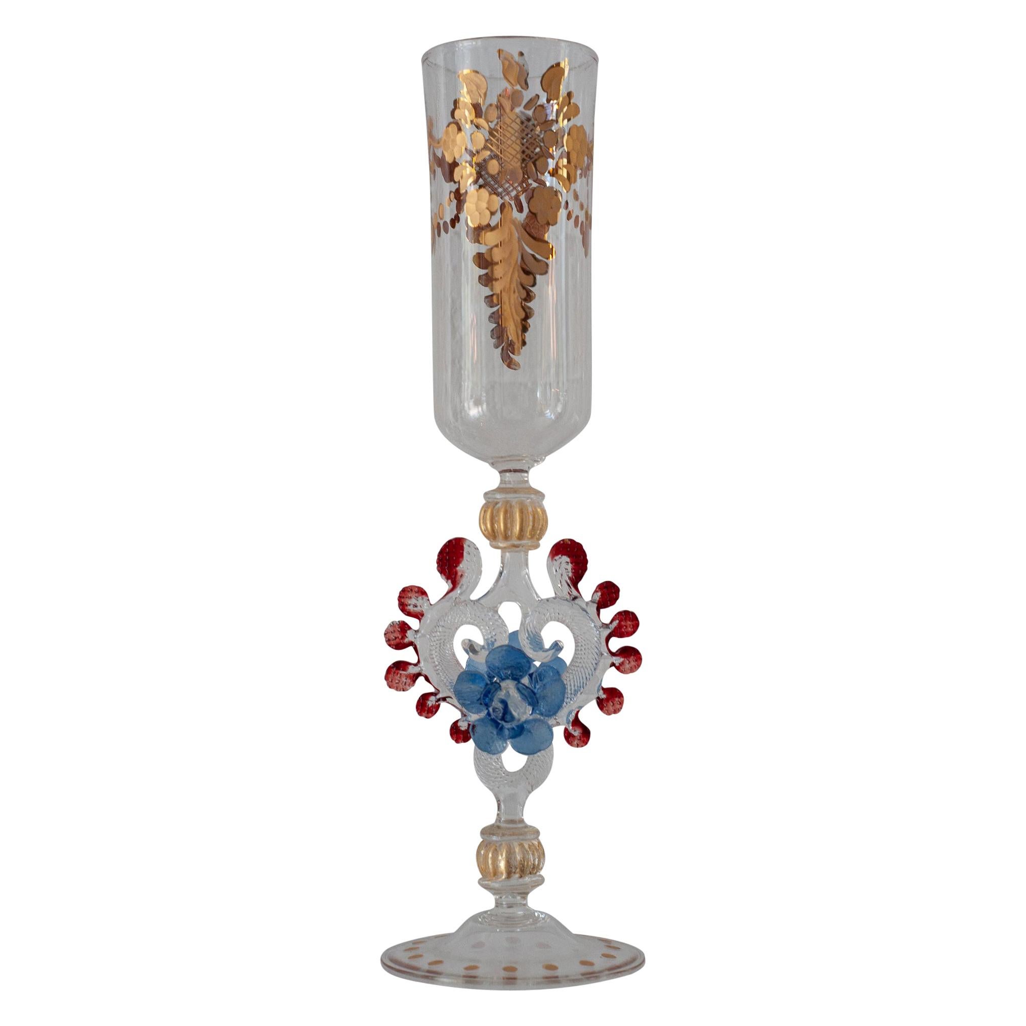 Antique Hand Blown Clear, Red and Blue Murano Glass Flute with Gilded Details
