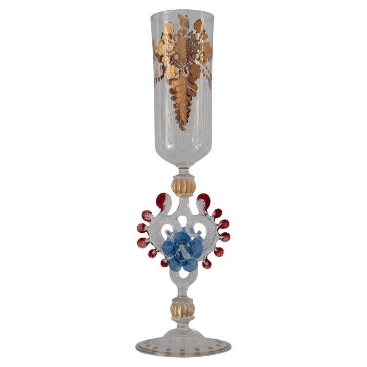 Antique Hand Blown Clear, Red and Blue Murano Glass Flute with Gilded Details