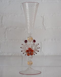 Antique Hand Blown Clear, Red and Orange Murano Glass Flute with Gilded Detail