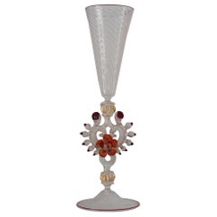 Antique Hand Blown Clear, Red and Orange Murano Glass Flute with Gilded Detail