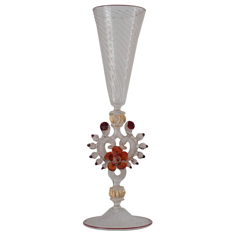 Antique Hand Blown Clear, Red and Orange Murano Glass Flute with Gilded Detail For Sale