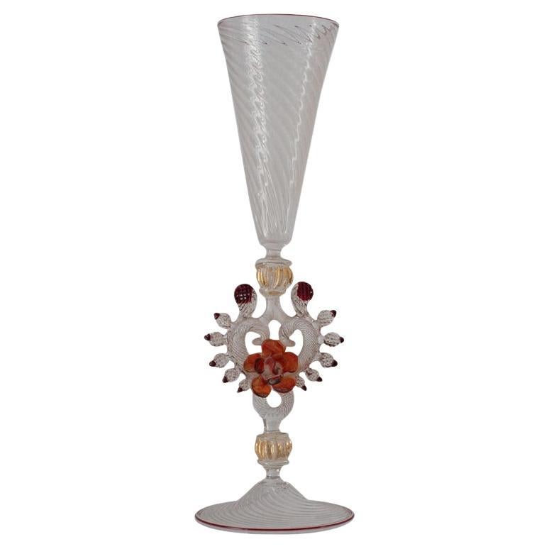 Antique Hand Blown Clear, Red and Orange Murano Glass Flute with Gilded Detail
