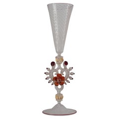 Antique Hand Blown Clear, Red and Orange Murano Glass Flute with Gilded Detail