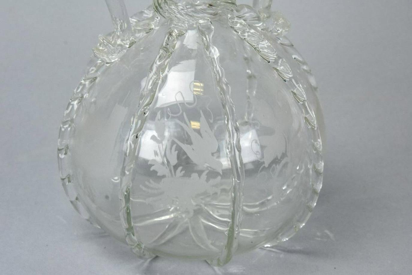 Unknown Antique Hand Blown Etched Art Glass Decanter For Sale