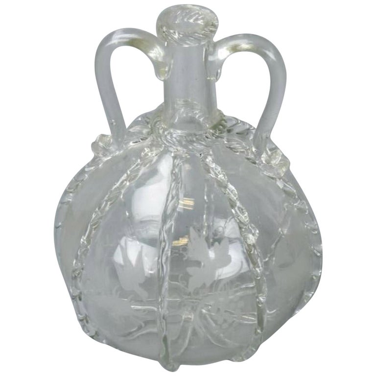 Antique Hand Blown Etched Art Glass Decanter For Sale