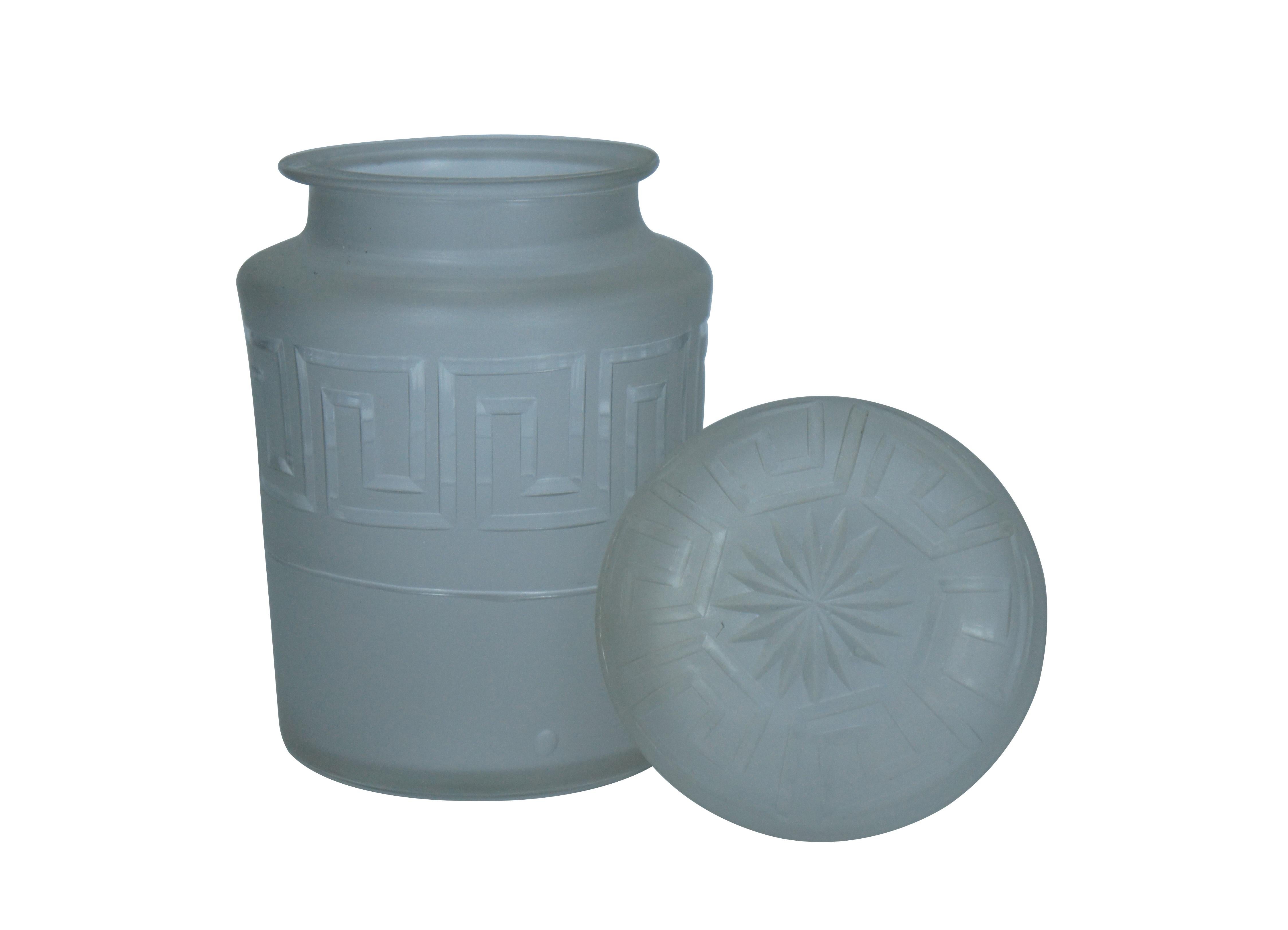 Art Deco Antique Hand Blown Frosted Glass Greek Key Pickle Vanity Jar Canister 5.5
