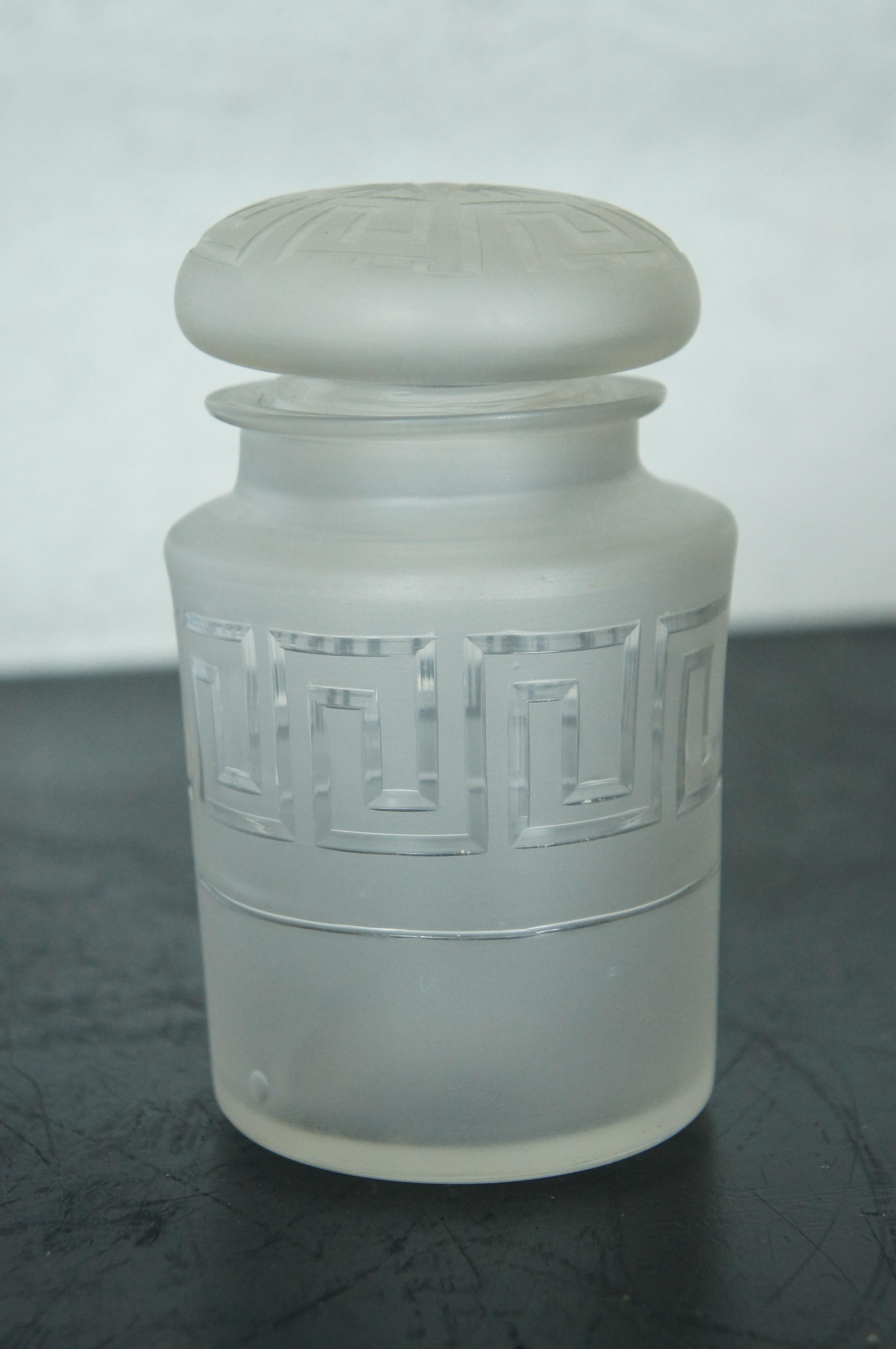 Antique Hand Blown Frosted Glass Greek Key Pickle Vanity Jar Canister 5.5